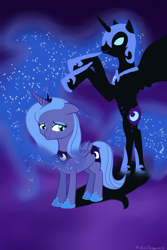 Size: 1200x1800 | Tagged: safe, artist:nekosammsi, nightmare moon, princess luna, alicorn, pony, armor, crown, female, jewelry, mare, nightmare luna, rearing, regalia, s1 luna, sad