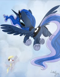 Size: 1364x1769 | Tagged: safe, artist:londynlittleartist, derpy hooves, princess luna, alicorn, pony, cloud, underhoof