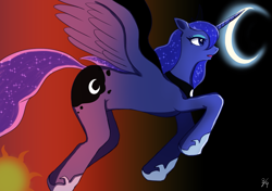 Size: 1191x839 | Tagged: safe, artist:タツオ, princess luna, alicorn, pony, crescent moon, ethereal mane, female, hoof shoes, mare, moon, solo, starry mane