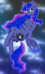 Size: 737x1200 | Tagged: safe, artist:divided-s, princess luna, alicorn, pony, semi-anthro, both cutie marks, cute, dock, ethereal mane, eyeshadow, lunabetes, makeup, night, pixiv, sky, solo, starry mane, stars