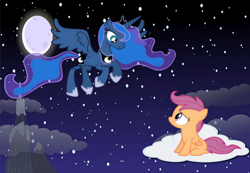 Size: 1038x720 | Tagged: safe, artist:silverstream, princess luna, scootaloo, alicorn, pegasus, pony, fanfic:dream flyer, adult, cloud, dream flyer, fanfic, female, filly, night, princess