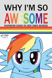 Size: 432x648 | Tagged: safe, artist:pheeph, rainbow dash, pegasus, pony, blue coat, book cover, female, mare, multicolored mane, solo