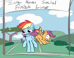 Size: 1011x790 | Tagged: safe, artist:whatsapokemon, rainbow dash, scootaloo, pegasus, pony, sisterhooves social, carrying, hilarious in hindsight, mouth hold, plot, race, scene interpretation, tail pull