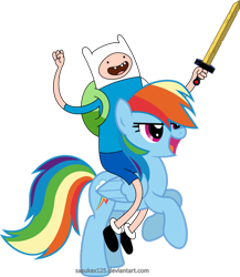Size: 833x958 | Tagged: safe, artist:sasukex125, rainbow dash, human, pegasus, pony, adventure time, backpack, crossover, female, finn the human, humans riding ponies, male, mare, rearing, riding, sword