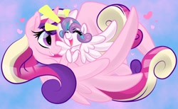 Size: 1300x800 | Tagged: safe, artist:jen-neigh, princess cadance, princess flurry heart, alicorn, pony, baby, baby pony, cute, cutedance, duo, eyes closed, female, flurrybetes, heart, mare, mother and child, mother and daughter, open mouth, parent and child, profile, redraw, spread wings, wings