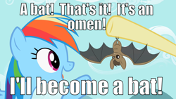 Size: 800x450 | Tagged: safe, edit, edited screencap, screencap, fluttershy, rainbow dash, bat, pegasus, pony, batman, batmare, caption, image macro