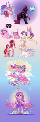 Size: 1200x3600 | Tagged: safe, artist:bunnari, princess amore, princess cadance, oc, oc:amadeus venus, oc:bridal beauty, oc:canzone estiva, oc:rosetta, oc:scultura di cristallo, alicorn, pegasus, pony, unicorn, female, filly, male, mare, stallion, younger