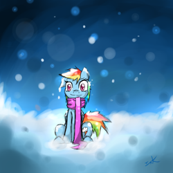 Size: 900x900 | Tagged: safe, artist:inkytophat, rainbow dash, pegasus, pony, clothes, scarf, snow, snowfall, solo