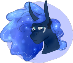 Size: 1224x1063 | Tagged: safe, artist:m00n-fruit, princess luna, alicorn, pony, bust, curved horn, dappled, ethereal mane, freckles, horn, looking to side, missing accessory, solo, starry mane