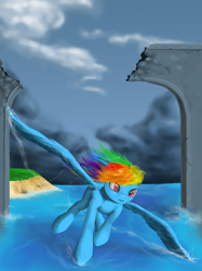 Size: 1024x1366 | Tagged: safe, artist:gikat, rainbow dash, pegasus, pony, blue coat, female, flying, mare, multicolored mane, solo