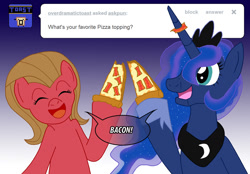 Size: 1148x800 | Tagged: safe, artist:ladyanidraws, princess luna, oc, oc:pun, alicorn, earth pony, pony, ask, ask pun, bacon, female, food, hoof hold, mare, meat, pizza, ponies eating meat