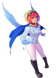 Size: 1000x1400 | Tagged: safe, artist:spittfireart, rainbow dash, human, cape, clothes, goggles, humanized, solo, winged humanization
