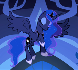 Size: 922x830 | Tagged: safe, screencap, princess luna, alicorn, pony, do princesses dream of magic sheep, cropped, crown, eyes closed, female, flying, hoof shoes, jewelry, mare, peytral, regalia, solo, spread wings, wings