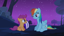 Size: 720x405 | Tagged: safe, screencap, rainbow dash, scootaloo, pegasus, pony, blue coat, female, mare, multicolored mane