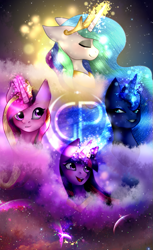 Size: 489x800 | Tagged: safe, artist:mazeness, princess cadance, princess celestia, princess luna, twilight sparkle, twilight sparkle (alicorn), alicorn, pony, alicorn tetrarchy, eyes closed, glowing horn, horn, royal sisters