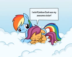 Size: 1280x1024 | Tagged: safe, artist:frankier77, rainbow dash, scootaloo, pegasus, pony, cloud, floppy ears, scootalove