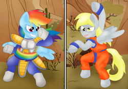 Size: 3164x2200 | Tagged: safe, artist:blackbewhite2k7, derpy hooves, rainbow dash, pegasus, pony, bipedal, crossover, dragon ball z, fighting stance, goku, parody, vegeta