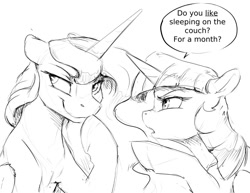 Size: 990x765 | Tagged: safe, artist:silfoe, princess luna, twilight sparkle, twilight sparkle (alicorn), alicorn, pony, description is relevant, dialogue, female, grayscale, lesbian, mare, monochrome, raised hoof, reversalmushroom, royal sketchbook, shipping, simple background, speech bubble, this will end in sleeping on the couch, twilight is not amused, twiluna, unamused, white background