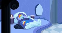 Size: 1676x914 | Tagged: safe, artist:zacatron94, rainbow dash, pegasus, pony, bed, bedroom, sleeping, solo