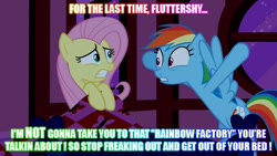 Size: 640x360 | Tagged: safe, fluttershy, rainbow dash, pegasus, pony, fanfic:rainbow factory, bed, creepypasta, image macro, scared