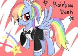 Size: 800x568 | Tagged: safe, artist:imo, rainbow dash, pegasus, pony, clothes, pixiv, rainbow dash always dresses in style, red eyes, solo, tuxedo, wrong eye color