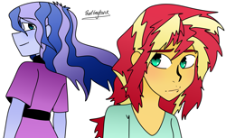 Size: 4319x2642 | Tagged: safe, artist:thatgreypeanut, derpibooru exclusive, princess luna, sunset shimmer, vice principal luna, equestria girls, age difference, blushing, female, flirting, lesbian, lunashimmer, shipping