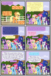 Size: 3255x4838 | Tagged: safe, artist:gutovi, applejack, fluttershy, pinkie pie, princess luna, rainbow dash, rarity, twilight sparkle, twilight sparkle (alicorn), alicorn, earth pony, pegasus, pony, unicorn, comic:why me!?, alternate ending, applejack gets all the mares, comic, harem, mane six, polyamory, polygamy, show accurate, sun, sunrise, sweet apple acres