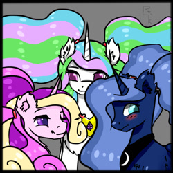 Size: 1024x1024 | Tagged: safe, artist:dark_nidus, derpibooru exclusive, princess cadance, princess celestia, princess luna, alicorn, pony, alicorn triarchy, cute, female, jewelry, ponytail, simple background, smiling