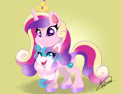 Size: 2700x2100 | Tagged: safe, artist:batrina, princess cadance, princess flurry heart, alicorn, pony, my little pony: pony life, baby, baby pony, female, high res, holding a pony, mare, mother and child, mother and daughter, parent and child, simple background