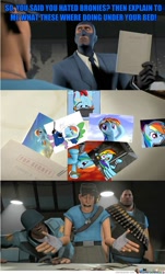 Size: 578x960 | Tagged: source needed, safe, rainbow dash, pegasus, pony, caught, comic, heavy, image macro, scout, soldier, spy, team fortress 2