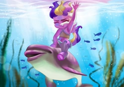 Size: 4096x2867 | Tagged: safe, artist:irinamar, princess cadance, alicorn, anthro, dolphin, fish, unguligrade anthro, armpits, clothes, eyes closed, frog (hoof), pegasus cadance, riding, seaweed, swimsuit, underhoof, underwater