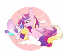 Size: 2048x1728 | Tagged: safe, artist:pineappleartz, princess cadance, princess flurry heart, alicorn, pony, baby, baby pony, cloud, cute, cutedance, diaper, duo, female, filly, flurrybetes, flying, mare, mother and child, mother and daughter, open mouth, parent and child, profile