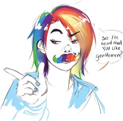 Size: 800x783 | Tagged: safe, artist:glasmond, rainbow dash, human, dialogue, humanized, mousdash, moustache, nail polish, solo