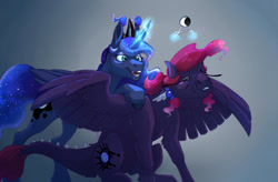 Size: 1024x670 | Tagged: safe, artist:vindhov, princess luna, oc, oc:noctis, alicorn, dracony, hybrid, pony, duo, ethereal mane, eyes closed, female, gray background, interspecies offspring, jewelry, magic, mare, offspring, parent:princess luna, parent:spike, parents:spiluna, simple background, spread wings, starry mane, telekinesis, tiara, wings