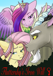 Size: 1668x2388 | Tagged: safe, artist:tillie-tmb, discord, fluttershy, princess cadance, alicorn, pegasus, pony, discoshy, fanfic art, female, flower, male, shipping, straight