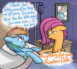 Size: 1000x900 | Tagged: safe, artist:kymsnowman, rainbow dash, scootaloo, pegasus, pony, bed, crying, older