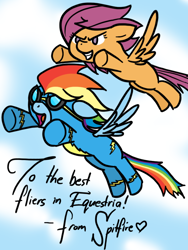 Size: 600x800 | Tagged: safe, artist:kymsnowman, rainbow dash, scootaloo, pegasus, pony, duo, flying, goggles, scootaloo can fly, wonderbolts, wonderbolts uniform