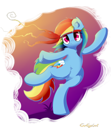 Size: 1015x1171 | Tagged: safe, artist:carligercarl, rainbow dash, pegasus, pony, abstract background, bandana, bipedal, female, fluffy, headband, mare, signature, solo, wingless