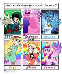 Size: 569x680 | Tagged: safe, artist:lunakittyrose, princess cadance, alicorn, human, pony, charlie (hazbin hotel), clothes, crossover, deku's hero costume, female, grin, hazbin hotel, izuku midoriya, male, mare, my hero academia, nicole watterson, open mouth, out of frame, shrug, six fanarts, smiling, star butterfly, star vs the forces of evil, steven universe, steven universe future, the amazing world of gumball