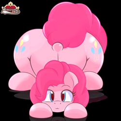 Size: 4400x4400 | Tagged: safe, artist:ribiruby, pinkie pie, earth pony, pony, :3, absurd resolution, balloonbutt, black background, both cutie marks, cute, diapinkes, dock, face down ass up, female, looking at you, mare, simple background, smiling, solo