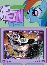 Size: 563x771 | Tagged: safe, rainbow dash, pegasus, pony, alfred pennyworth, bowtie, clothes, comic, exploitable meme, injustice gods among us, meme, obligatory pony, shirt, superman, tailcoat, tv meme