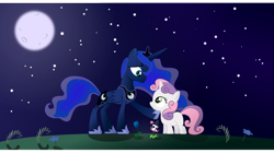 Size: 1024x574 | Tagged: safe, artist:atnezau, artist:hawk9mm, artist:itash, artist:misteraibo, artist:plsim, princess luna, sweetie belle, alicorn, pony, unicorn, duo, female, filly, flower, grass, mare, moon, night, smiling, stars, tulip