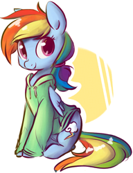 Size: 556x724 | Tagged: safe, artist:php27, artist:rustydooks, rainbow dash, pegasus, pony, clothes, cute, female, hoodie, looking at you, mare, ponytail, solo