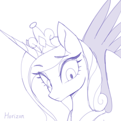 Size: 1080x1080 | Tagged: source needed, safe, artist:horizon, princess cadance, alicorn, pony, female, grayscale, mare, monochrome, simple background, solo, white background