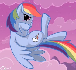 Size: 878x805 | Tagged: safe, artist:insomniacovrlrd, rainbow dash, pegasus, pony, blushing, cloud, cloudy, flying, solo, upside down