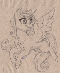 Size: 1500x1848 | Tagged: safe, artist:faline-art, princess cadance, alicorn, pony, flying, smiling, solo, traditional art