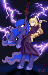 Size: 913x1400 | Tagged: safe, artist:poethewondercat, princess luna, alicorn, pony, crossover, crown, excalibur, excalibur morgan, fate/grand order, female, himiko toga, jewelry, lightning, mare, my hero academia, regalia, saber alter, trio