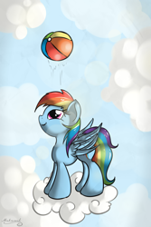 Size: 2000x3000 | Tagged: safe, artist:malamol, rainbow dash, pegasus, pony, ball, cloud, cloudy, solo