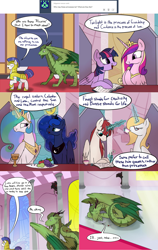 Size: 2562x4066 | Tagged: safe, artist:professor-ponyarity, princess cadance, princess celestia, princess luna, twilight sparkle, twilight sparkle (alicorn), oc, oc:bonniecorn, oc:fausticorn, oc:rye, alicorn, dragon, pony, magic, royal guard, tranquilizer dart, tumblr:ask rye dimar dragon