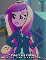 Size: 500x644 | Tagged: safe, edit, edited screencap, screencap, dean cadance, princess cadance, equestria girls, friendship games, caption, cropped, hand on hip, home alone 2: lost in new york, image macro, imgflip, meme, peetzer, solo, text, that pony sure does love pizza